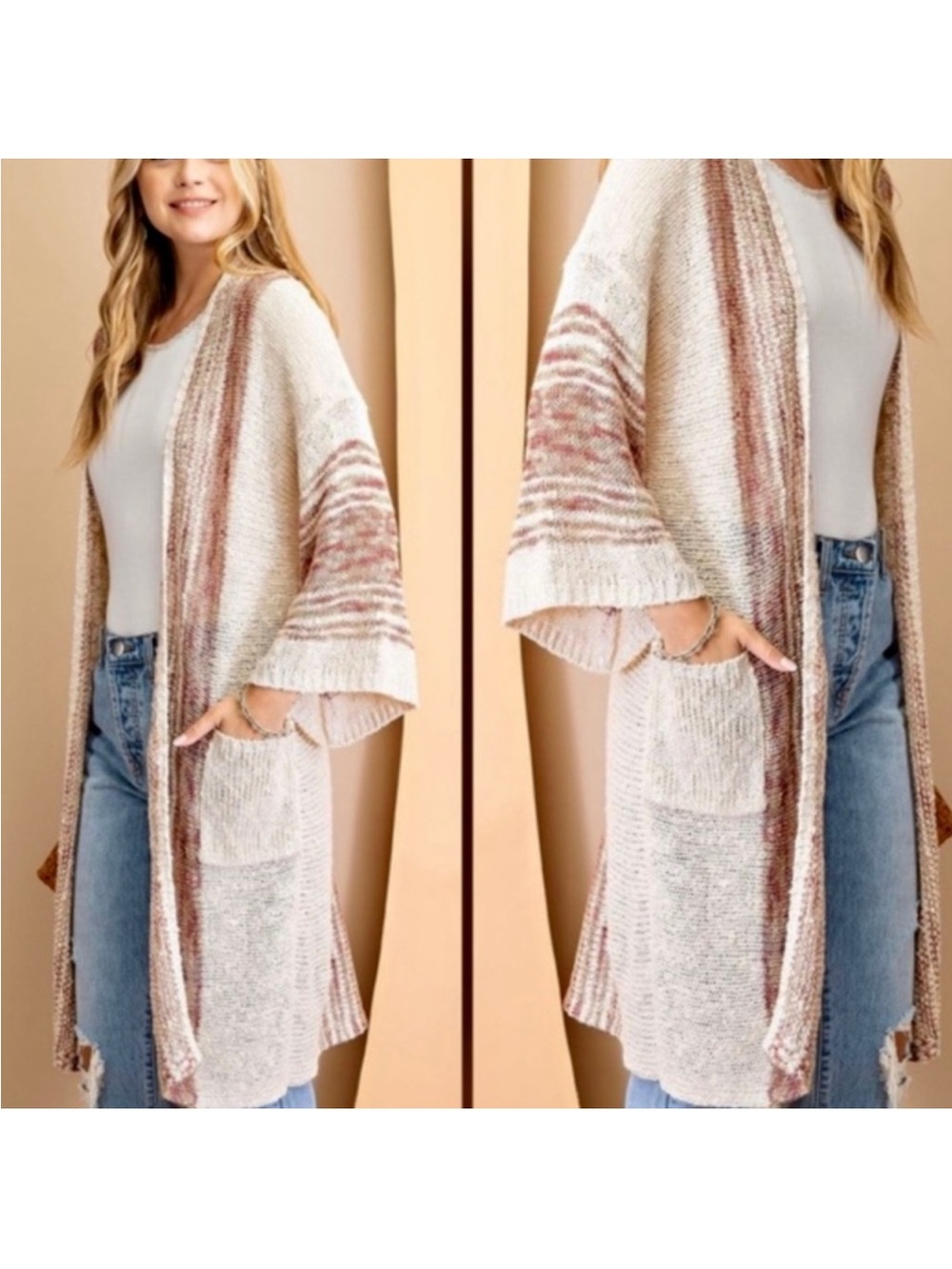NWT Easel Boho Beach Oatmeal Striped Baja | Knit Open-Front Throw Cardigan - Picture 13 of 16